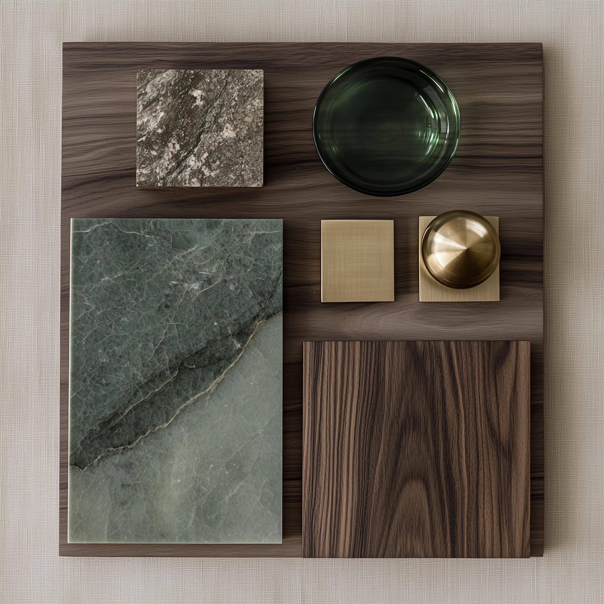 Material board with walnut wood, green stone, textured fabric, green glass and brass samples