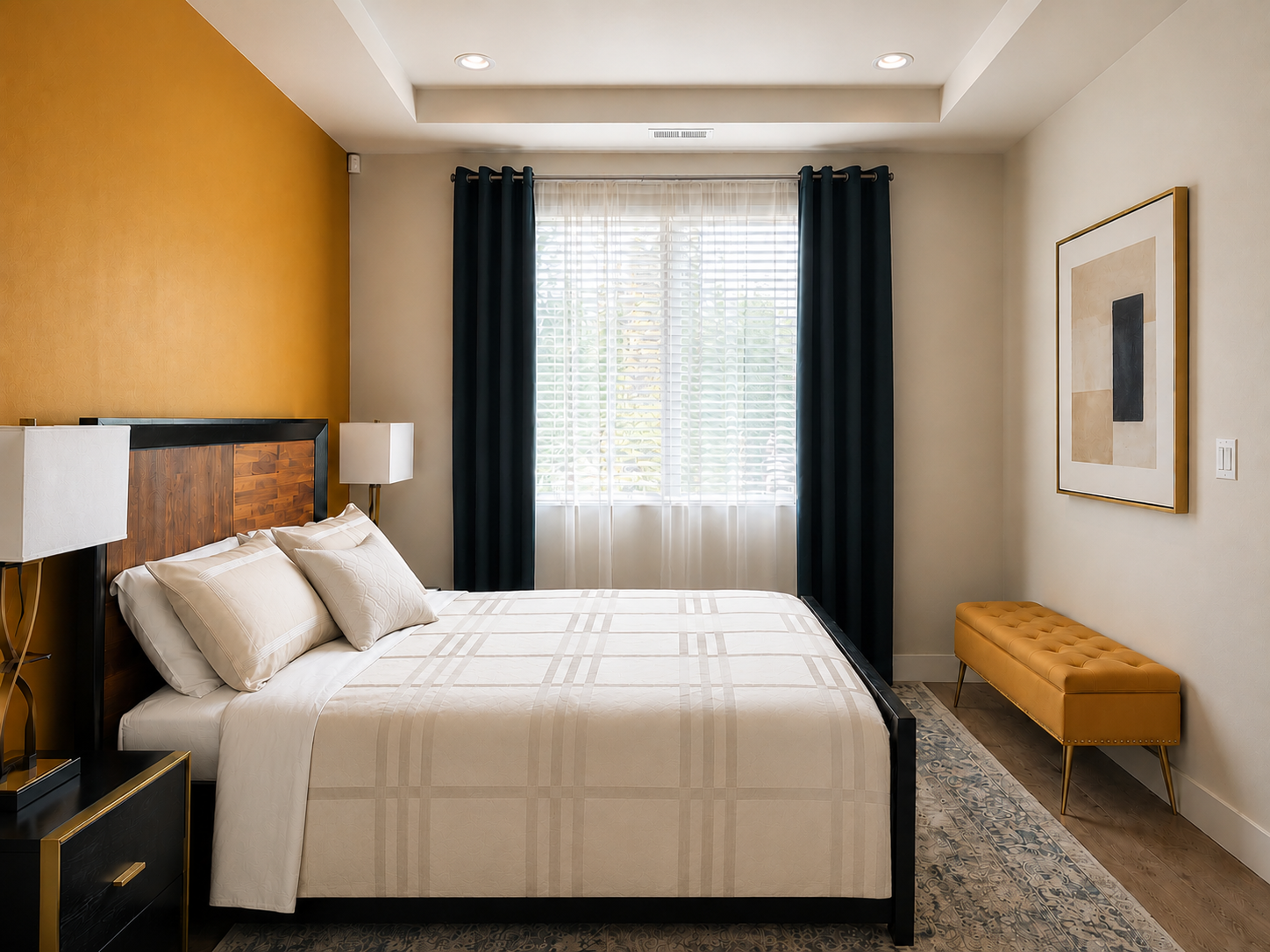 The Ochre Room, with warm wood, ochre walls and deep green drapery