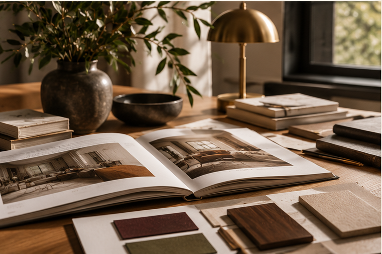 Open design book, natural material samples and brass lamp in warm daylight