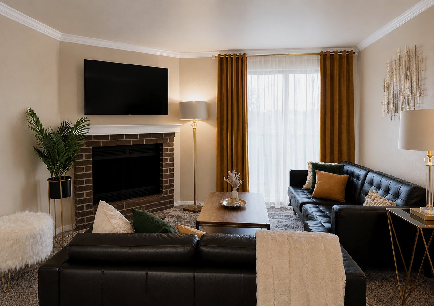 Living room showing fireplace, seating and layered window treatments
