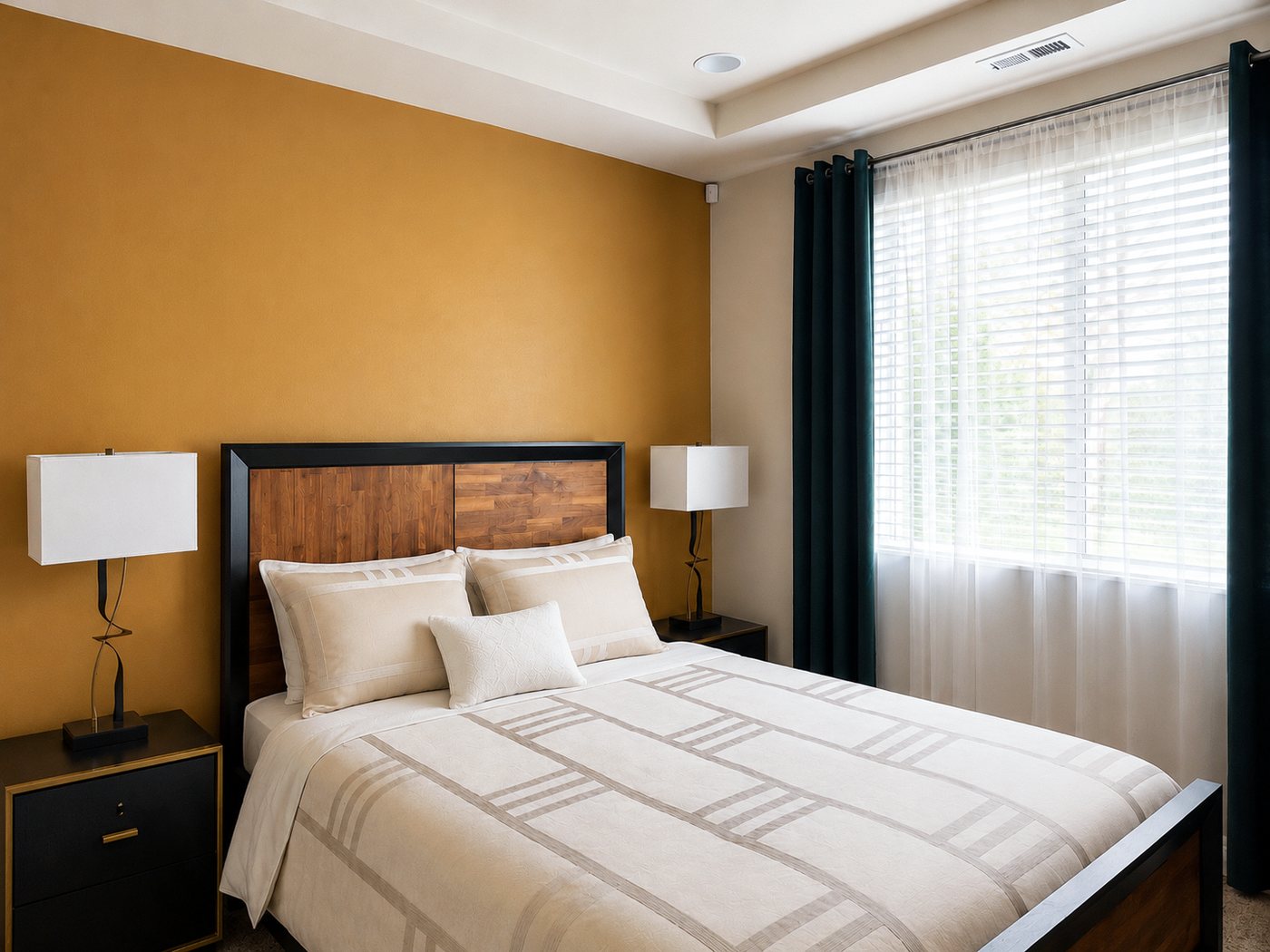 Angled view of the ochre bedroom with layered bedding and bedside lighting