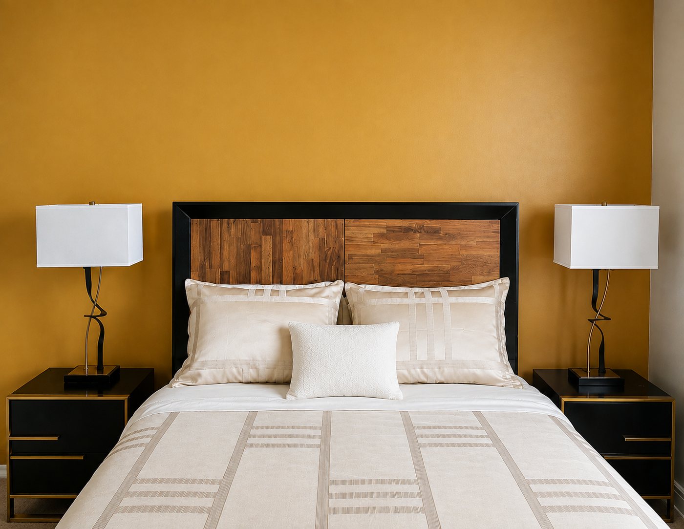 Warm wood headboard, ochre wall and bedside lamps